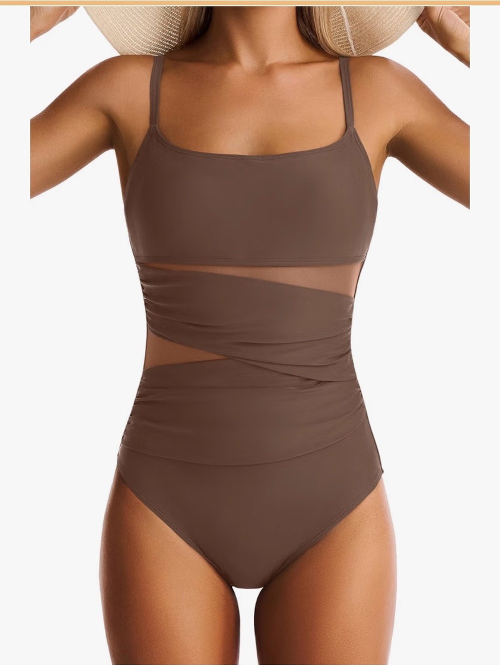 Brown Mesh-Panel One-Piece Swimsuit- Brand New - Tried on, never wore.